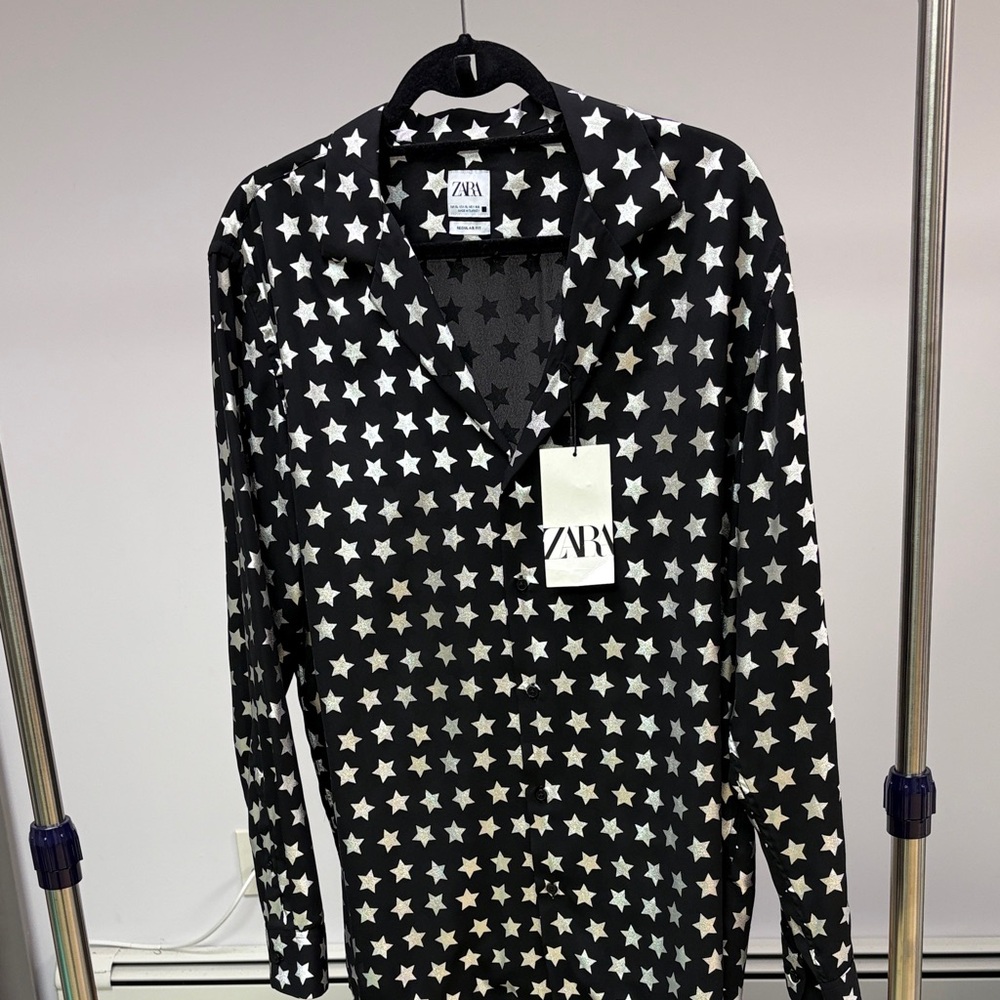 Zara Black and Silver Metallic Star Pattern Shirt